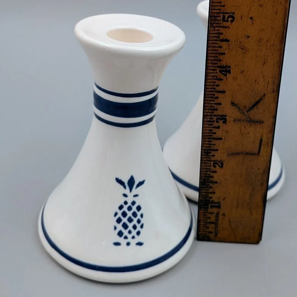 Pair of Vintage Pfaltzgraff Blue Pineapple Candlesticks in Hospitality Pattern